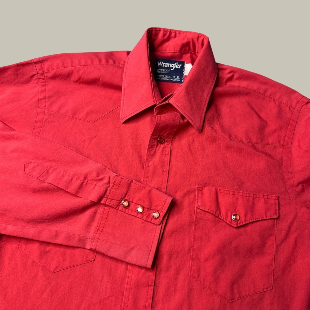 Vintage Wrangler Shirt Mens 15-33 X-Long Tail Cowboy Cut Red Pearl Snap Western